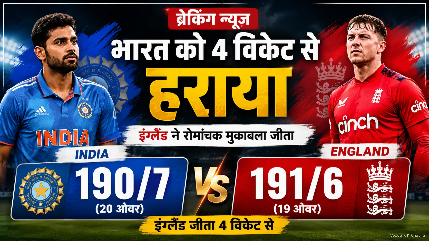 दो शुरुआती झटकों के बावजूद इंग्लैंड ने पलटा मैच, भारत को 4 विकेट से दी शिकस्त