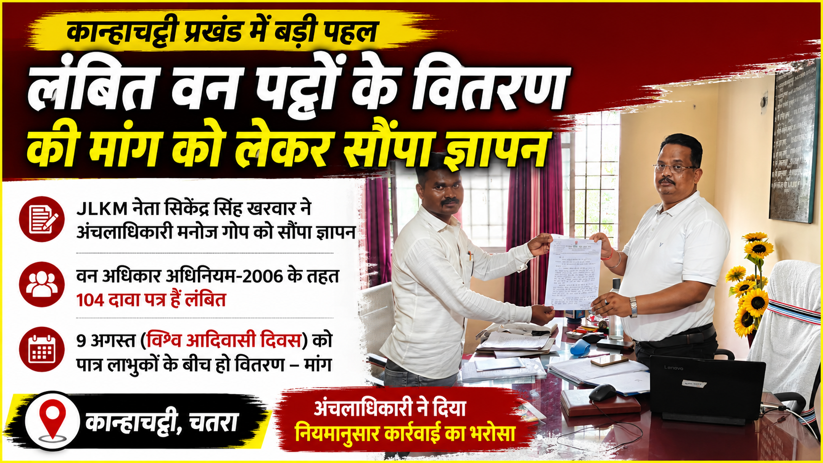 कान्हाचट्टी में लंबित वन अधिकार पट्टों के शीघ्र वितरण की मांग, अंचलाधिकारी को सौंपा गया ज्ञापन