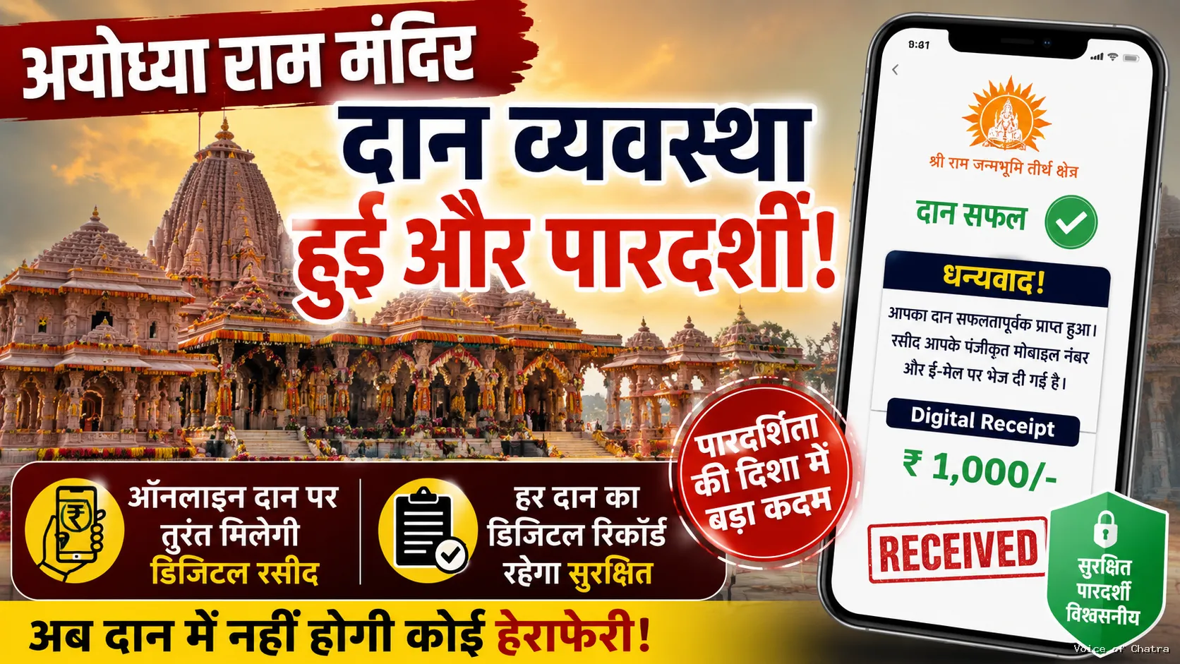 अयोध्या राम मंदिर में दान व्यवस्था हुई और पारदर्शी, ऑनलाइन दान पर तुरंत मिलेगी डिजिटल रसीद
