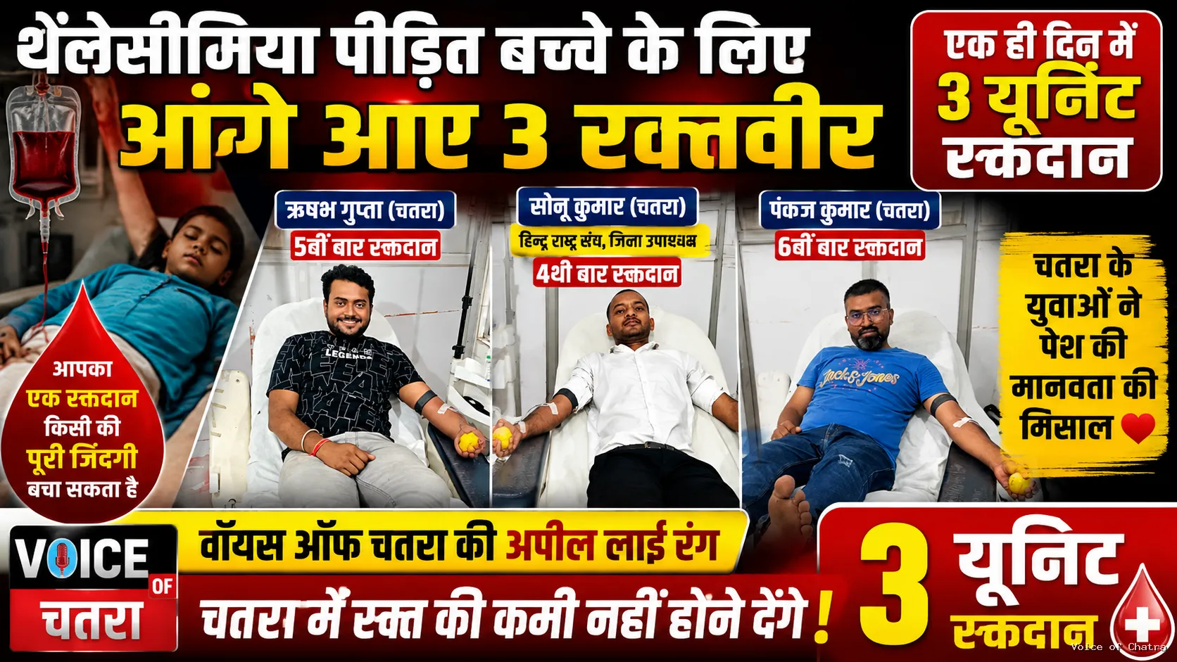 वॉयस ऑफ चतरा की अपील रंग लाई: थैलेसीमिया पीड़ित बच्चे के लिए तीन रक्तवीर बने जीवनदाता