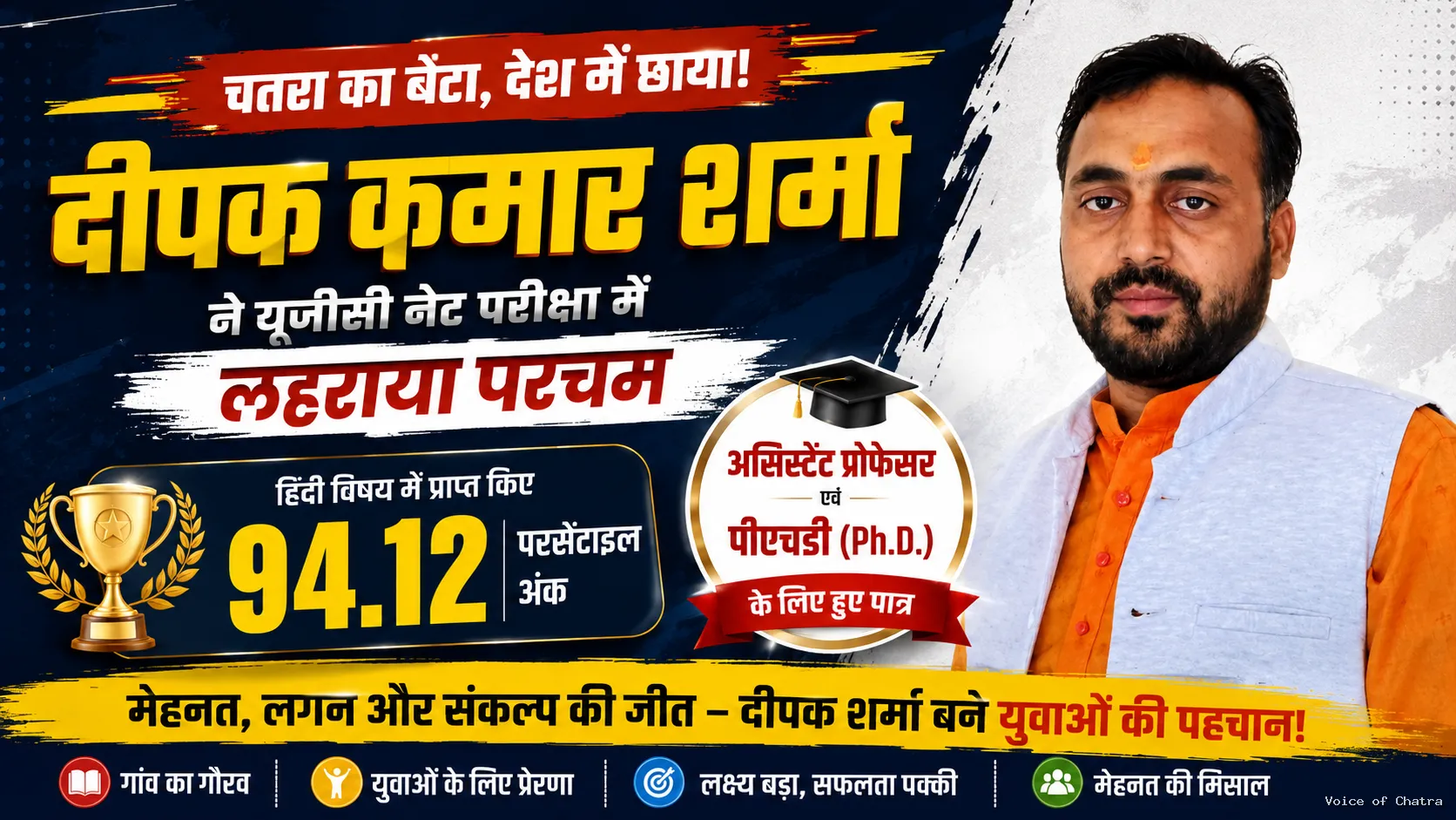 यूजीसी नेट परीक्षा में भाजयुमो जिला महामंत्री दीपक कुमार शर्मा ने लहराया परचम